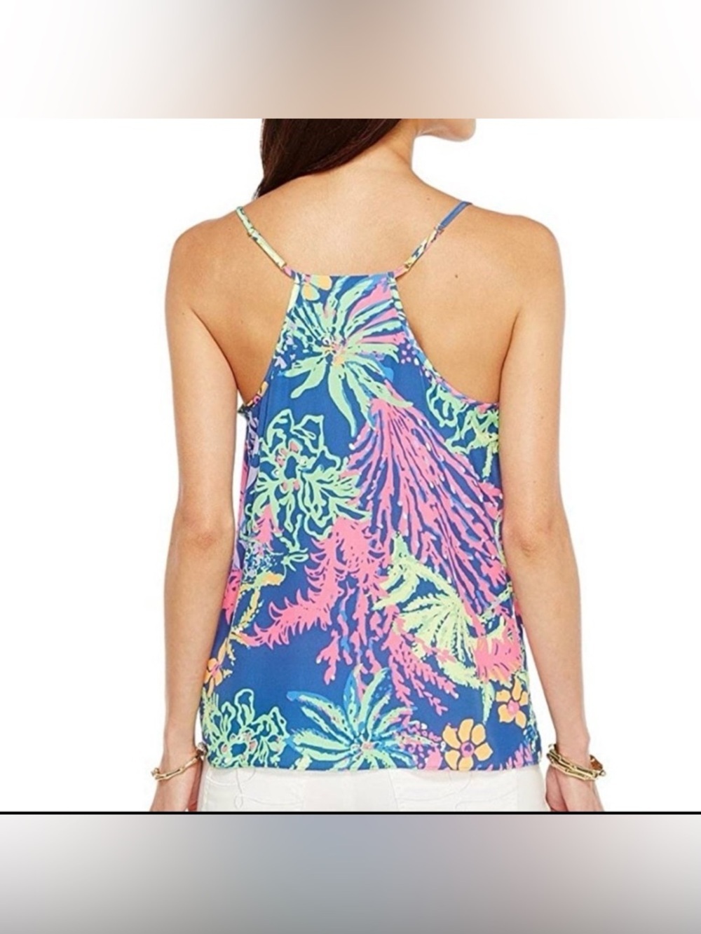 LILLY PULITZER 100% SLIK DUSK RACERBACK TAN NEON FLORAL PRINT SIZE XS - Picture 8 of 8